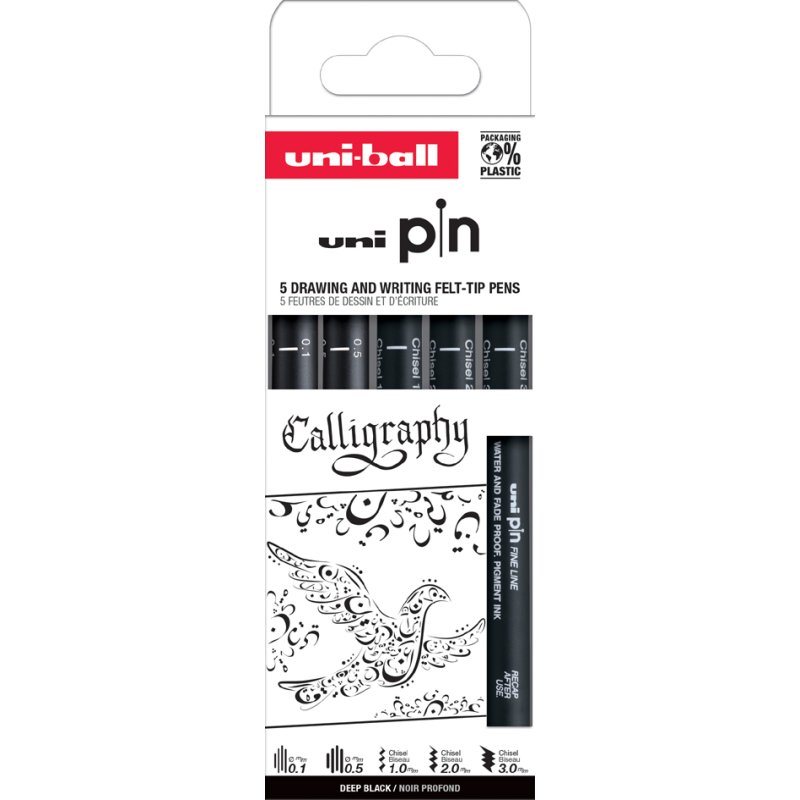 uni-ball fineliner PIN PF Lettering, kalligrafie, waterbestendige inkt, 5 stuks